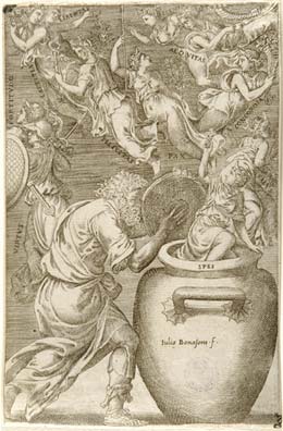 Giulio Bonasone - Epimeteo apre il vaso di Pandora da cui escono le virt?